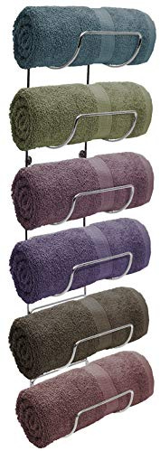 Sorbus Porte-serviettes mural – 6 compartiments de porte-serviettes en métal argenté pour salle de bain, organisateur pour linge, salle de sport, camping-car, porte, armoire – Étagère à vin murale