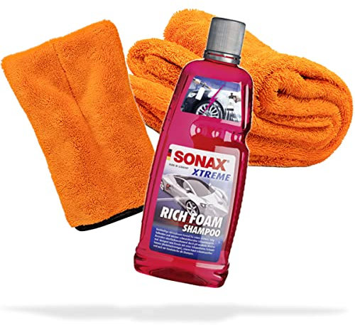 detailmate Auto Wasch- und Trockenset: SONAX Xtreme RichFoam Autoshampoo 1000ml + Präzisionshandschuh + Trockentuch XXL