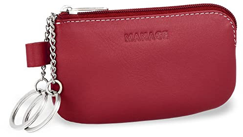 MANAGE Leder Schlüsseletui Rot mit Münzfach und Schlüsselring - Schlüsselmäppchen mit Reißverschluss Damen und Herren für Schlüssel Autoschlüssel - keychain Schlüsseltasche Rot