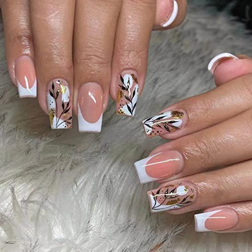 Handcess Faux ongles carrés brillants Faux ongles blancs courts Faux ongles en acrylique pailletés et feuilles Ongles autocollants 24Pcs pour femmes et filles