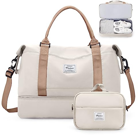 SYCNB Weekender Taschen für Frauen, Reisetasche für persönliche Gegenstände mit Schuhfach, Reisetasche mit Nassfach und separater Kulturtasche, Turnbeutel, Beige und Braun