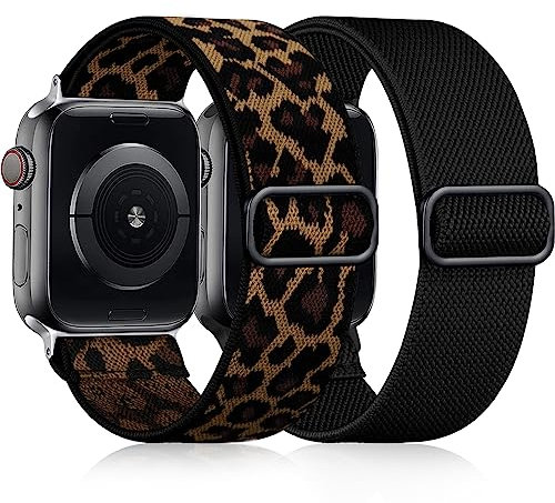 Easuny Elastisches Armand Kompatibel mit Apple Watch Armband 38mm 40mm 41mm 42mm, Verstellbares Weiches Nylon Band für iWatch Series 10 9 8 7 6 5 4 3 2 1 SE Ultra für Frauen Männer, Schwarz/Leopard