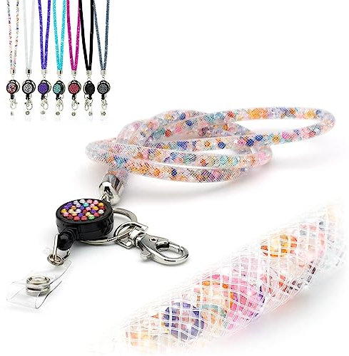 CKB LTD Umhängeband mit drehbarem Metallclip und buntem glitzerndem einziehbarem Ausweishalter, 1 Stück