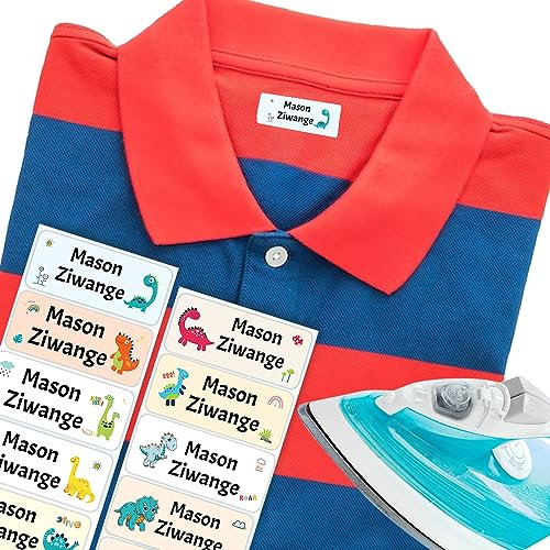 Personalised Iron on Name Labels for Clothes Kids Dino (37 x 15 mm) Washable and Waterproof Clothes Labels for Kids Name Tags for Clothes for Care Home Papa Prints®