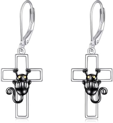 POPLYKE Schwarze Katze Ohrringe Sterling Silber Schwarze Katze Hängend Ohrringe LeverBack Ohrring Schmuck Weihnachts Geschenke für Frauen(Kreuz)