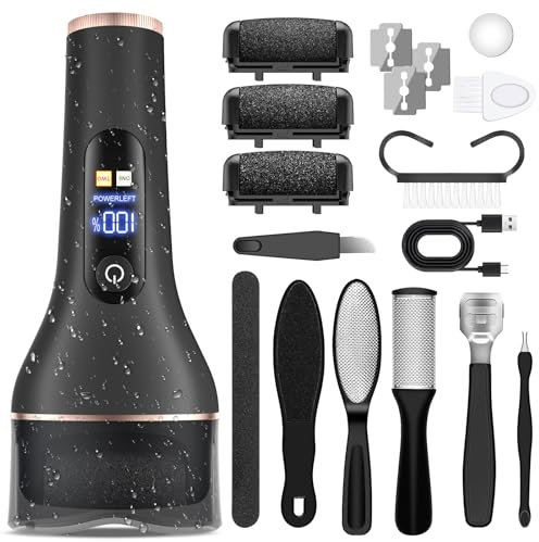 AdamPark Removedor eléctrico de callos para pies, recargable e impermeable, limpiador de pies húmedo y seco 2 en 1 para piel muerta agrietada dura, herramienta de pedicura portátil con cabezales de