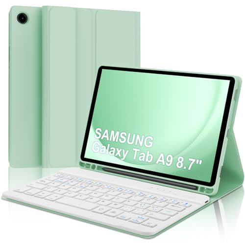 Funda con Teclado para Samsung Galaxy Tab A9 8.7'', Teclado Bluetooth Inalámbrico Desmontable con Funda y Portalápices para Samsung Galaxy Tab A9 8.7 Pulgadas 2023(SM-X110/X115/X117), Verde Claro