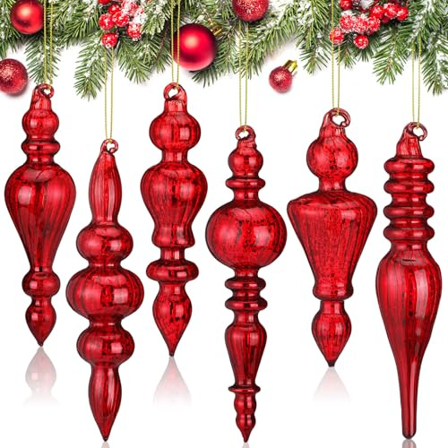 Soaoo Quecksilberglas-Endstücke, Weihnachtsschmuck, hängende Weihnachtsabschlüsse, Glasornamente, sortiert, Quecksilber-Glasdekoration für Weihnachtsbaum, Vintage-Feiertagsdekoration, Rot, 6 Stück