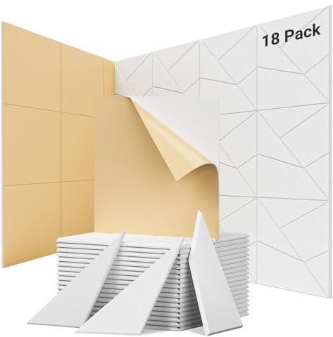 Acoustic Wall Panels, 18 Pack Decorative Sound Absorbing Panel for Walls, Doors & Ceilings, Self-Adhesive Acoustic Tiles for Office, Recording Studio, Gaming Room Pared (12x12x0.4, White)