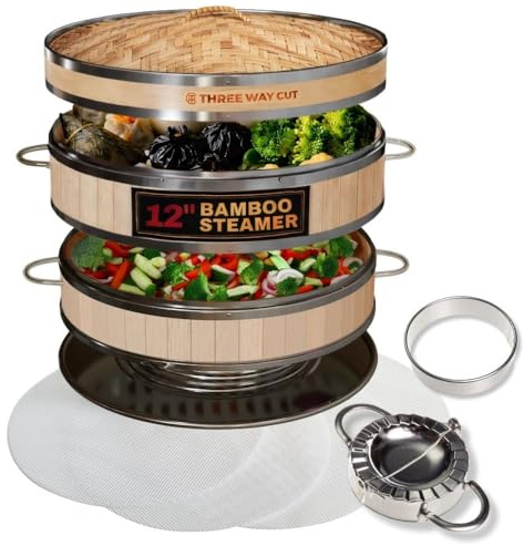 2-tier 12 Bamboo Steamer with Reinforcement & Handle, Reusable Silicone Liner & Accessories Kit For Cooking Dumpling, Baby Bao Bun, Dim Sum, Rice Potsticker Steaming Chinese Asian Food & Vegetables
