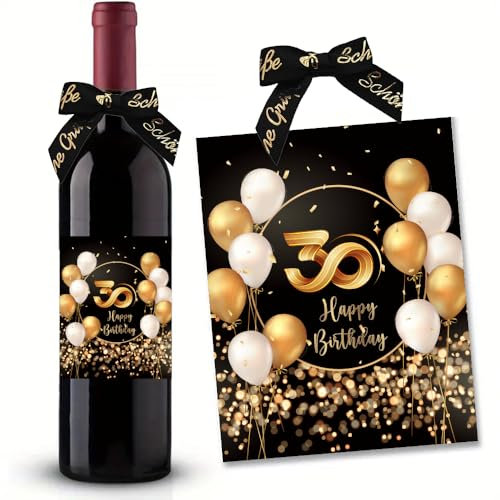30. Geburtstag Flaschenetikett mit Schleife Schwarzes Gold Lack veredelt 10x12,7cm Happy Birthday 30 - Geburtstagsdeko Geburtstagsgeschenk Geschenke für Frauen Männer