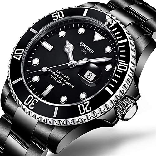 HFWXYSA Automatikuhr für Herren, selbstaufziehend, mechanische Uhr, Kalender für Herren, Edelstahl-Armbanduhr mit großem Zifferblatt, wasserdicht, leuchtend, klassische Uhren, Schwarz
