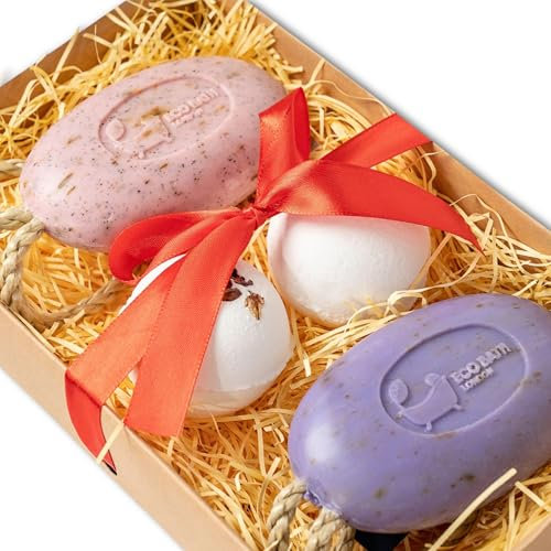 Eco Bath London Soap On A Rope Gift Set with Bath Bombs - 2 Luxurious French Bar Soaps (Rose, Lavender) and 2 Bath Bombs (Rose, Lavender)