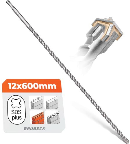 BAUBECK SDS Plus Bohrer 12mm x 600mm Lang für Beton & Stein - Premium 40CR Stahl, Langlebig - 4 Schneiden Steinbohrer für Beste Ergebnisse - Betonbohrer SDS
