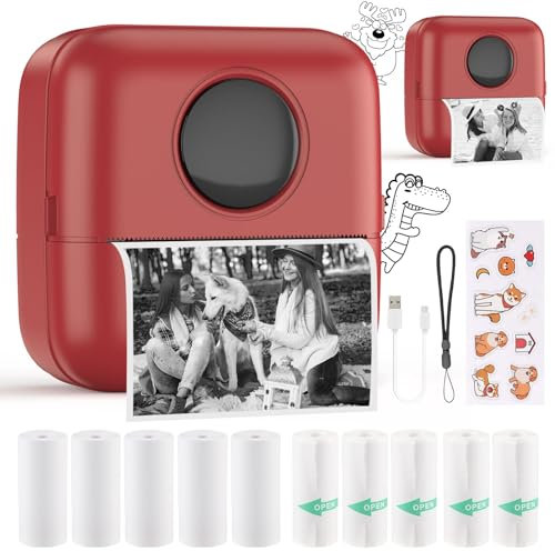 HuiJuKeJi Mini Stampante Fotografica,Stampante Termica,stampa di ricevute,stampante fotografica,con 10 rotoli di carta 1 adesivo per smartphone Fotografica Note Elenco Memo RGB rosa (Red)