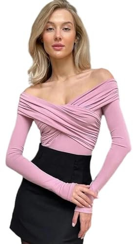 Body Donna Moda Incrociate Body Maniche Lunghe Casual Lady Maglia Tutine-Rosa-L