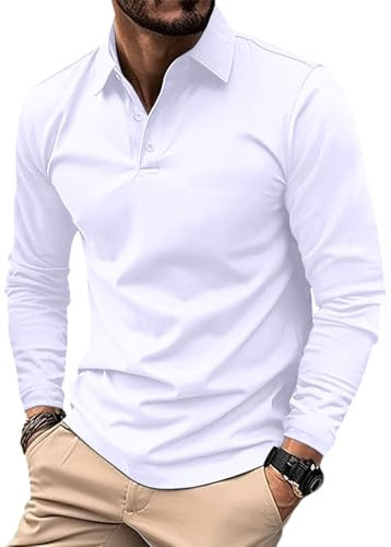 Long Sleeve Polo Shirts Mens Casual Button Tops Work Golf Shirt Solid White