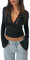 Nicoxijia Women Y2k Lace Long Sleeve Crop Tops Sexy Sheer See Through T Shirts Slim Fit Low Cut Floral Embroidery Blouse Top (B-Black, M)