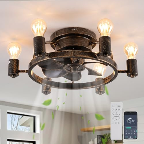 Ganeed Ventiladores de techo con luces y control remoto Ventilador de techo empotrado de perfil bajo de 52 cm Lámparas de ventilador industrial rústico E27 para dormitorio cocina negro 6 luces