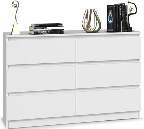Beneli Kommode Weiß 120x30x75 cm | Schubladenkommode mit 6 Schubladen | Elegantes Sideboard für Wohnzimmer, Flur & Schlafzimmer | Stilvolle Aufbewahrung
