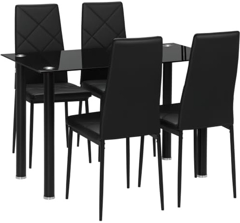 HOMCOM Dining Table and Chairs Set 4 Space-Saving Kitchen Table Black | Faux Leather Padded Seat, Tempered Glass Top, Dining Room Sets