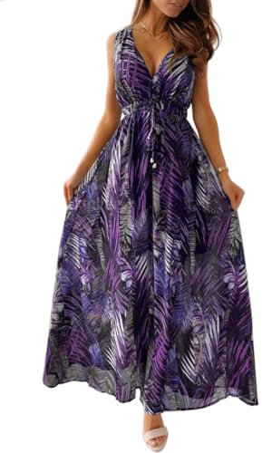 Yutdeng Abito Estivo Donna da Spiaggia Vestito Lungo Vestiti Estivi Casual Curvy Eleganti Scollo a V Senza Maniche Vestito Boho Fiore Stampato Maxi Lunga Sexy da Cerimonia,Viola,XXL