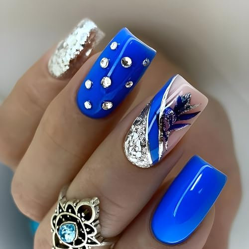 24pcs Medium Square Press on Nails French Tip False Nails Blue Rose Flower Fake Nails Glitter Silver Stick on Nails Removable Glue-on Acrylic Nail Tips Spring Summer Accessories for Women