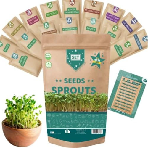 ARPON Premium Keimsamen Set - 17 Sorten für Microgreens & Sprossen - Rucola, Alfalfa, Brokkoli, Kresse, Mungbohnen uvm - ca. 62.000 Samen - Bio Qualität - Einfache Anzucht im Glas oder Schale