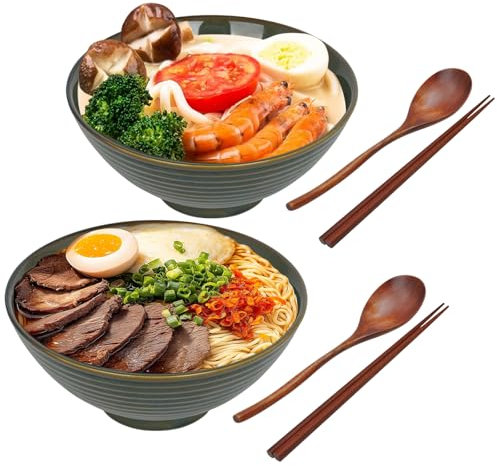 Caossuixin 1200ml Ramen Bowl Set of 2, Ceramic Ramen Bowl with Chopsticks & Spoons, Noodle Bowls Retro Cyan for Microwave Safe, Japanese Ramen Bowls for Noodle, Salad, Soup, Vegetables