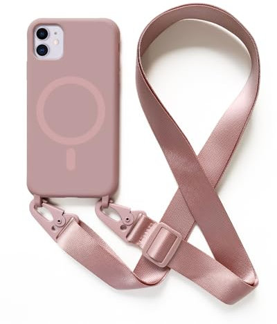 Leather Armor Handykette Hülle für iPhone 11(6.1) mit Band Halsband Lanyard (abnehmbar) Handyhülle, Verstellbarer Lanyard.Magnetisch Stoßfest Silikonhülle Wireless Charging kompatibel .-Rosa