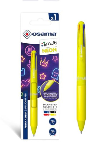 OSAMA 4 Multi Neon - Stylo 4 Couleur Personnalisé, 1 Pièce - Stylo Bille 1 mm avec Encre Noire, Bleue, Rouge et Jaune Fluo (Mine 1.6 mm) - Stylos Couleur pour Papeterie, Fourniture Scolaire et Bureau