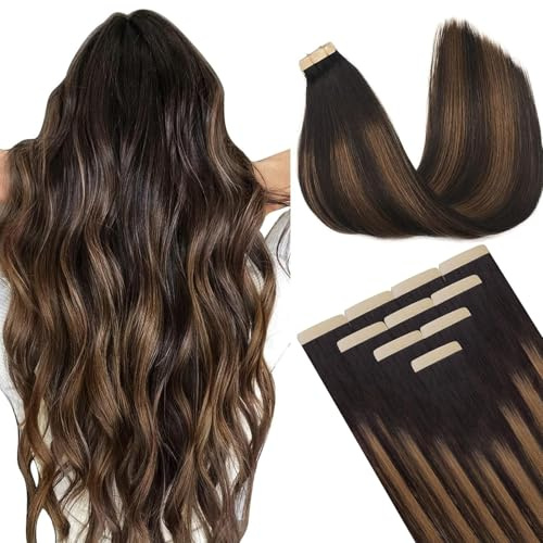 DOORES Hair Extension Bondings Hair Extension, Balayage Dark Brown to Chestnut Brown 50 cm (20 Inches) 30 g 10 Pieces, SUPPLEMENT, Skin Weft Tape-In Extensions, Remy Hair