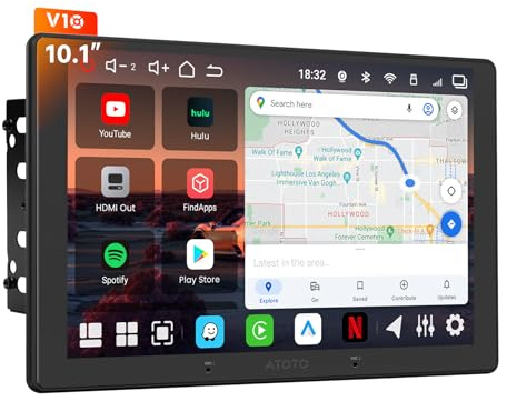 ATOTOEXCEL V10 10.1 QLED Android14 Radio Coche 2DIN, 6GB+128GB, 4G LTE/WiFi, Karaoke en el coche, DSP Hi‑Fi/4V RCA, Bluetooth 5.4, salida HDMI, DVR 4 canales, CarPlay y Android Auto inalámbricos, GPS