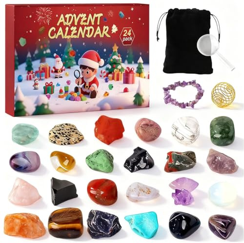 Edelstein Adventskalender 2025, Adventskalender 2025 Kristalle für Kinder, 24 Tage Weihnachts Countdown Kalender mit Natürlichen Kristalle, Advent Countdown Calendar Geschenk für Jungen Mädchen