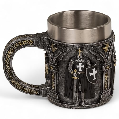 MIJOMA Ritter-Bijou avec insert en acier inoxydable - Reliefs médiévaux détaillés en polyrésine - Décoration et collection (Templier de la justice, pichet : environ 11 × 9 cm)