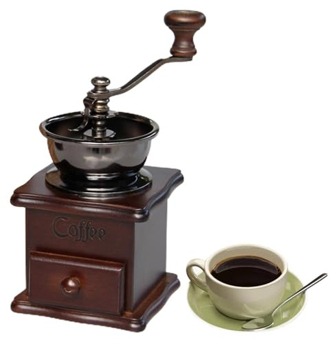 Moulin à café manuel – Moulin à café antique en bois à manivelle | Réglages de mouture réglables en fonte, machine à café compacte pour des sols frais à la maison ou en voyage