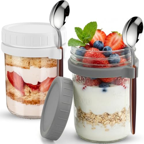 Otauoaea Lot de 2 Overnight Oats Jar 400ml avec Cuillere - Pot Overnight Oat Verre - Bocaux en Verre Hermétique - Bocal Gradué pour Meal Prep, Chia Pudding, Avoine Nuit, Salade, Yaourt
