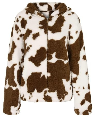 KUUFUUT Warme Lässige Damen Fleecejacke Oversize Schnitt Bequeme Sherpa Fleecejacke mit Kuhmuster Lange Ärmel Reißverschluss Teddy Stil Wintermantel für Damen