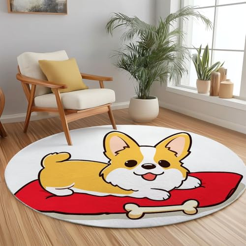 Generisch Runder Teppich Innenbereich 160 cm, Anime Flur Teppich Wohnzimmer Fussabstreifer, Cartoon Tiere Hunde Waschbar rutschfest Fußabtreter für Schlafzimmer, Kinderzimmer, Büro