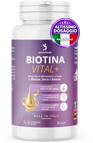BIOTINA CAPELLI, UNGHIE, PELLE, CAPELLI, 365 Cpr, VEGANO (Scorta 1 Anno) Integratore Naturale Biotina Zinco e Selenio Vitamine per Crescita e Anticaduta Donna e Uomo Made in Italy