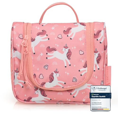 TA Trend Atelier Kinder Kulturtasche, Kulturbeutel mit Spiegel und Haken | Waschbeutel für Kinder mit Fächern, 100 % recycelter Polyester-Oberstoff, wasserabweisend, PFC-freie Ausrüstung