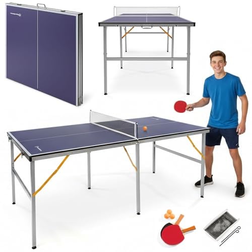 HyperMotion Klappbarer Tischtennistisch für Zuhause, Kompakter Indoor Tisch für Freizeitspiel, Platzsparendes Design mit Netz, 2 Schlägern und Bällen, Familien Spieltisch für Kinder und Erwachsene