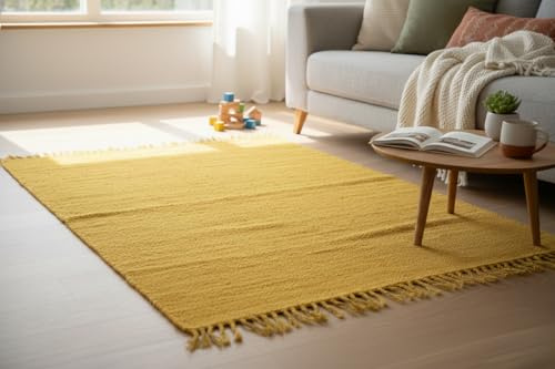 Elegant Floors® Chindi Teppich GELB 60x90 cm handgewebt aus Baumwolle – Kleiner nachhaltiger Flachgewebe Teppich aus recycelten Stoffstreifen, wendbar und pflegeleicht