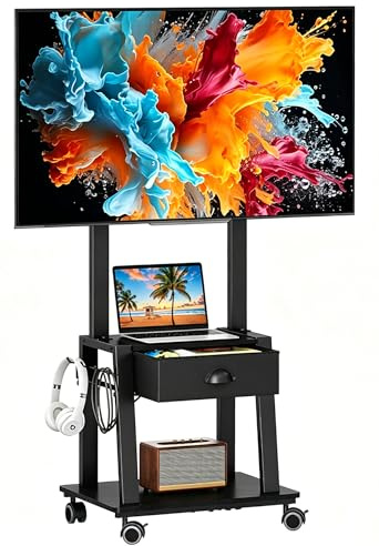 AURABAZAAR TV Stand on Wheels for 23-60 Inch TVs, TV Stand, Mobile TV Stand on Wheels, Rolling TV Stand with Fabric Drawer Storage, Laptop Shelf and Hooks, Holds up to 40kg, Max VESA 400x400mm