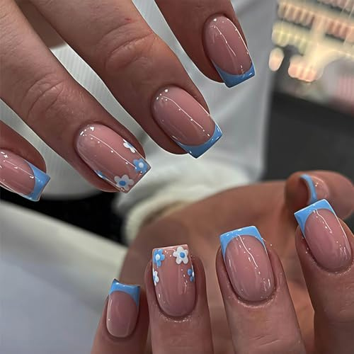 24PCS Press on Nails French Tip, Short Square False Nails with Glue, Elegant Pink Stick on Nails with Blue Tip Floral Pattern, Full Cover Acrylic Fake Nails for Women DIY Manicure at Home