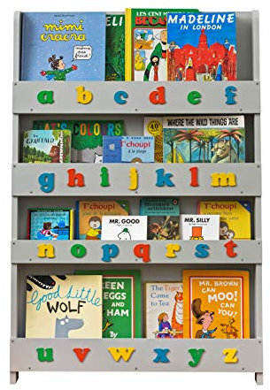 Tidy Books ® Bücherregal Kinder, Hellgrau buntes ABC Alphabet, Bücherregal Kinderzimmer Holzbuchstaben, Montessori Material Kinderregal, 115x77x7cm, Handgefertigt, Nachhaltig, Das Original seit 2004