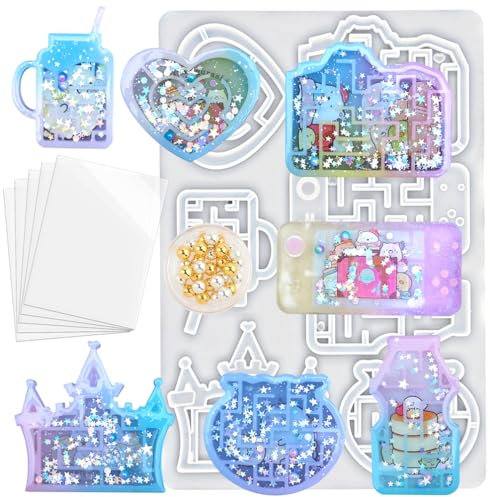 FUNSHOWCASE Epoxy Resin Maze Shaker Molds Set with Beads, Seal Films 7-Count Castle, Heart, Drink, Fish Tank, Straw Cup, Handheld Game, Camera
