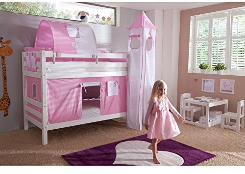 Relita Etagenbett Brit mit Stoffset rosa/weiß, Buche massiv weiß lackiert