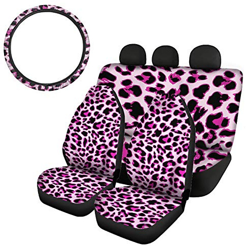 SEANATIVE, Set di 4 coprisedili per auto, con coprisedili anteriori, coprisedile posteriore e coprivolante, elasticizzati, alla moda, colore rosa, motivo femminile con stampa leopardata
