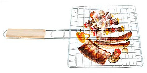 Barbecue Grilling Basket, Stainless Steel Fish Grill Basket with Removable Wooden Handle, Folding Portable Barbecue Rack Grill Accessories for Fish Vegetables Steak Shrimp Chops